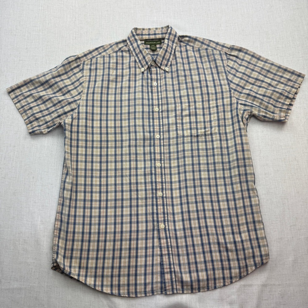 Mountain Lake Plaid Shirt Mens Large Tan Blue Short Sleeve Button Down Gorpcore